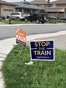 Election lawn signs in Hamilton's Falkirk East neighbourhood in October, 2018. HamiltonElectionSigns Sgro Malik 2018.jpg