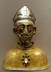 Reliquary for the head of St. Martin, silver and copper, part gilt, from the church at Soudeilles, late 14th century, Louvre Head reliquary Martin Louvre OA6459.jpg