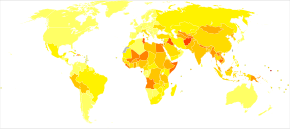 Estimate of disability-adjusted life year for hepatitis B per 100,000 inhabitants as of 2004
.mw-parser-output .legend{page-break-inside:avoid;break-inside:avoid-column}.mw-parser-output .legend-color{display:inline-block;min-width:1.25em;height:1.25em;line-height:1.25;margin:1px 0;text-align:center;border:1px solid black;background-color:transparent;color:black}.mw-parser-output .legend-text{}
no data
<10
10-20
20-40
40-60
60-80
80-100
100-125
125-150
150-200
200-250
250-500
>500 Hepatitis B world map - DALY - WHO2004.svg