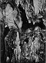 Černobílá pohlednice s detailem krápníkové výzdoby Mladečských jeskyní.