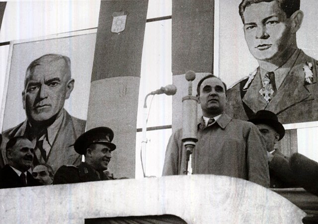 Gheorghe Gheorghiu-Dej speaking at a workers' rally in Nation Square, Bucharest after the 1946 general election