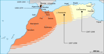 Extensión máxima del Sultanato Benimerín (a mediados del siglo XIV).