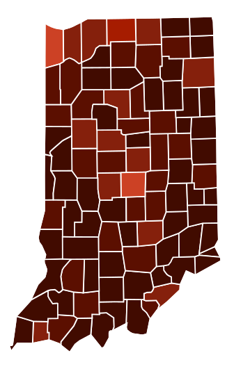 Map of counties in Indiana by racial plurality, per the 2020 U.S. census      Non-Hispanic White  .mw-parser-output .legend{page-break-inside:avoid;break-inside:avoid-column}.mw-parser-output .legend-color{display:inline-block;min-width:1.25em;height:1.25em;line-height:1.25;margin:1px 0;text-align:center;border:1px solid black;background-color:transparent;color:black}.mw-parser-output .legend-text{}  50–60%    60–70%    70–80%    80–90%    90%+