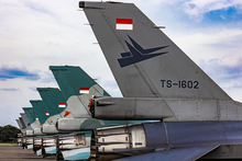 Indonesian Air Force F-16s under the 3rd Air Wing with the Air Wing markings on the fins Indonesian Air Force F-16 Formation in Halim AFB Jakarta - 9 April 2023.png