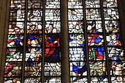 English: Detail of the stained-glass window number 22 in the Sint Janskerk at Gouda, Netherlands: "The purification of the temple"