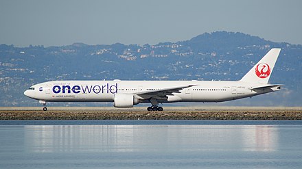 A Japan Airlines Boeing 777-300 in oneworld livery.