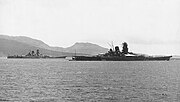 Japanese battleships Yamato and Musashi moored in Truk Lagoon, in 1943 (L42-08.06