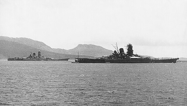 Japanese battleships Yamato and Musashi in anchorage off Truk Islands in 1943