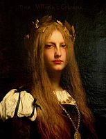 Oil painting of a woman with long hair and a puffy white dress looking pensively at the viewers. She wears a golden laurel wreath and a gold pendant with a long chain around her neck.