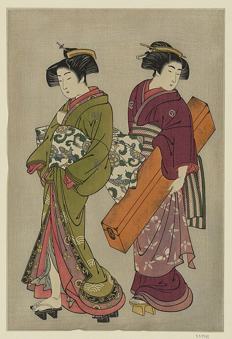 Geisha and a servant carrying her shamisen boxShigemasa, 1777