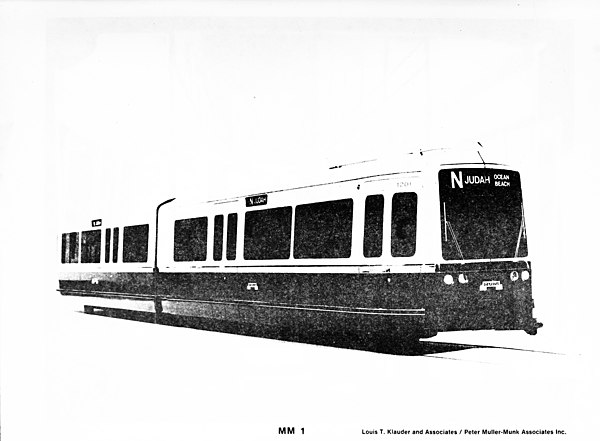 Exterior view of the Louis T. Klauder-designed subway-streetcars for San Francisco (1971)