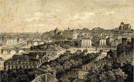 Laval as seen from the railway viaduct in the 19th century, with the place du 11-Novembre (then place de l'hôtel-de-ville), the Mayenne river, the bridges, the castle and the cathedral.