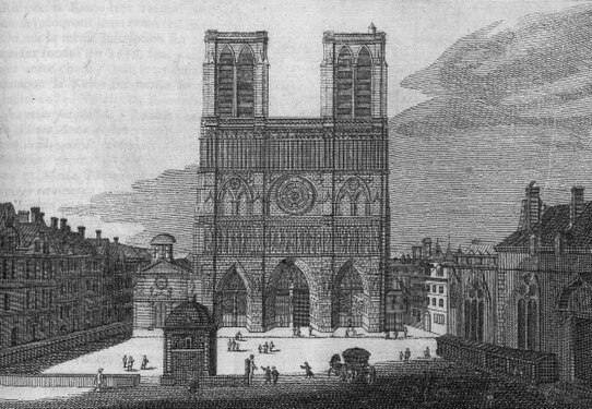 Kyrkan Saint-Jean-le-Rond, till vänster om Notre-Dame. Gravyr från 1700-talet.