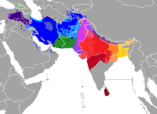 Geographic distribution of modern Indo-Iranian languages. Blue, dark purple and green colour shades: Iranic languages. Dark pink: Nuristani languages. Red, light purple and orange colour shades: Indo-Aryan languages. Areas where languages overlap are shown in stripes. Lenguas indoiranias.PNG