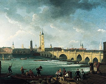 London Bridge from Pepper Alley Stairs nga Herbert Pugh, duke treguar pamjen e London Bridge pas vitit 1762, me "Great Arch" të ri në qendër.