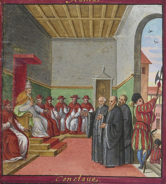 Conclave of Pius V, with Swiss Guard guarding the entrance (Codex Maggi, 1578)