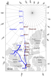 The movement of Earth's North Magnetic Pole across the Canadian arctic Magnetic North Pole Positions 2015.svg