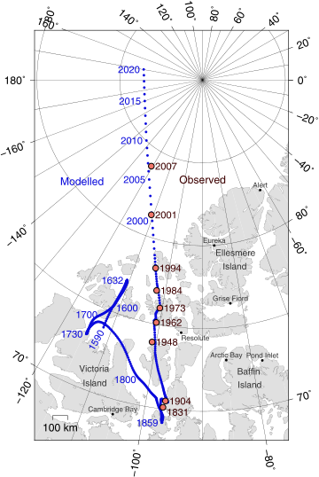 The North Magnetic Pole's drift Magnetic North Pole Positions 2015.svg