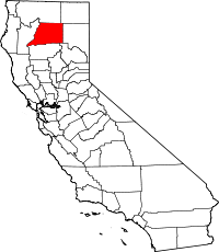 Mapo de Kalifornio kun kantono Shasta emfazita