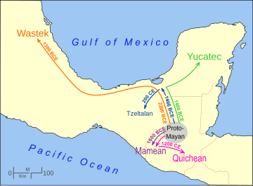 Approximate migration routes and dates for various Mayan language families. The region shown as Proto-Mayan is now occupied by speakers of the Q'anjobalan branch (light blue in other figures). Mayan Language Migration Map.svg