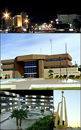 arriba: Mexicali de noche;  Centro: Universidad Autónoma de Baja California (UABC);  abajo a la izquierda: facultad de ingeniería de la UABC;  abajo a la derecha: Monumento en el centro de la ciudad