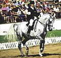 Deutsch: Elisabeth Max-Theurer auf Mon Cherie (Hannoveraner) Moskau 1980 Olympiasieg Dressur English: Photo of Elisabeth Max-Theurer on Mon Cherie at the 1980 winninf the Olympics in dressage.