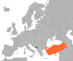 Map indicating locations of Montenegro and Turkey