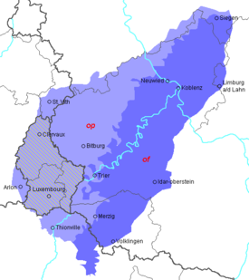 Luxemburgin (vaaleansinisellä) ja franconiansaksan (tummansinisellä) puhuma-alue
