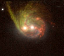 MUSE image of NGC 3758, showing [O III] as green (EELR) and H-alpha as red (star-forming regions) NGC 3758 MUSE 2.jpg