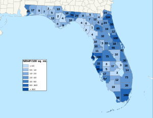 Distribuição de NRHPs nos condados da Flórida.