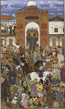 Nauroz durbar of Jahangir by Abu'l-Hasan, Folio from the St. Petersburg Album. Agra, c. 1610-18. Institute of Oriental Manuscripts of the Russian Academy of Sciences. Nauroz durbar of Jahangir (left half), From the St. Petersburg Album (Russian Academy of Sciences Ms. E-14 f.10).jpg