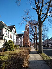 St. Joseph convent, rectory, and church buildings, looking east. NewHavenStJoseph east.JPG