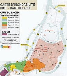 Rhône-niveauer og oversvømmelseszoner i Barthelasse, fra syd til nord