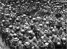 The Loyal North Lancashire Regiment showing off their new Brodie helmets (1916). NorthLancsRegShowingNewHelmets1916.jpg