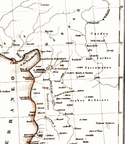Turkmens (Turcomanos) shown inhabiting the western side of the Euphrates, in modern-day northwestern Syria, in Atlas histórico de Tierra Santa (1840)
