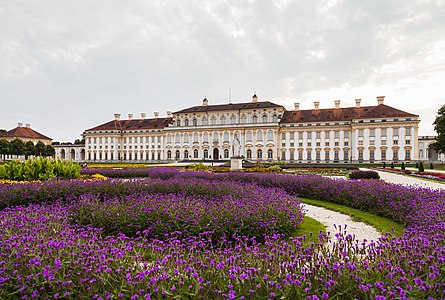 West façade of the New Schleissheim Palace, one of the three palaces in a grand baroque park in the village of Oberschleißheim, a suburb of Munich, Bavaria, Germany. The palace was a summer residence of the Bavarian rulers of the House of Wittelsbach. The palace was erected by Enrico Zuccalli in 1701-1704 as the new residence, and after an interruption due to the War of the Spanish Succession, continued by Joseph Effner in 1719-1726.