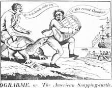 A political cartoon showing merchants dodging the "Ograbme", which is "Embargo" spelled backward (1807) Ograbme.jpg