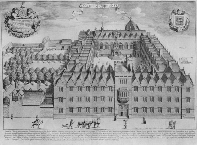 1675 copper engraving of the college, looking east across the front entrance and First Quad; on the left is the tiered garden where Second Quad would 