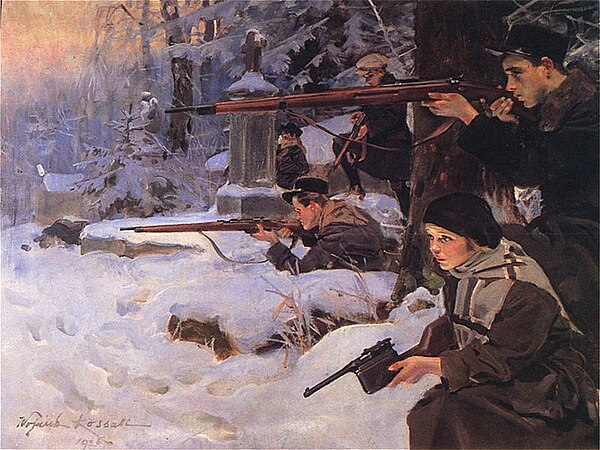 "Lwów Eaglets – the defence of the cemetery" by Wojciech Kossak (1926). Oil on canvas, Polish Army Museum, Warsaw. A painting depicting Polish youths 