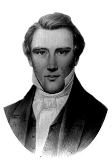 Joseph Smith (pictured), founder of the church, and his brother Hyrum were killed in Carthage, Illinois, by a mob on June 27, 1844 Ovalportrait-josephsmith-Carter.jpg