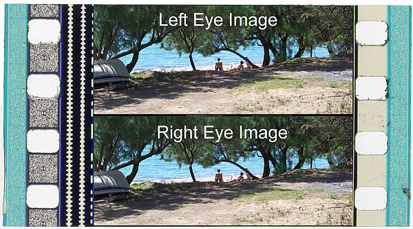 An "over-under" 3D frame. Both left and right eye images are contained within the normal height of a single 2D frame.