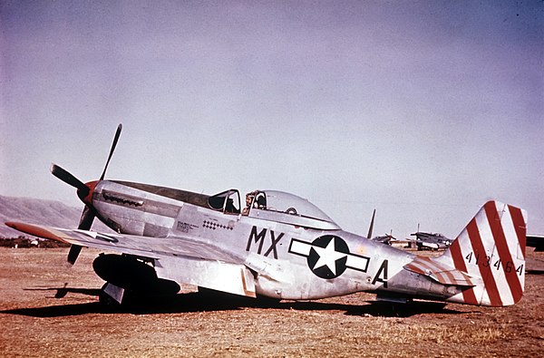 A P-51D-5-NA Mustang (MX-A, serial number 44-13464), flown by Major Sam Brown of the 307th Fighter Squadron, 31st Fighter Group