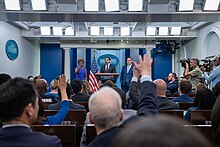 Press Secretary Karine Jean-Pierre, Secretary of Education Miguel Cardona and Deputy Director of the National Economic Council Bharat Ramamurti take questions in June 2023 P20230630KR-0316 (53234999078).jpg