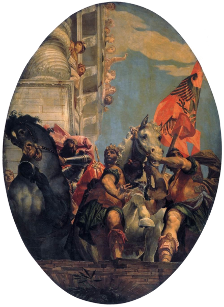 Trionfo di Mardocheo by Paolo Veronese in the church of San Sebastiano, Venice, 1556. According to a modern analysis of the painting, Skanderbeg who holds the Albanian flag is depicted as the Biblical hero Mordechai who saved the Hebrews in the Babylonian Empire.[4]
