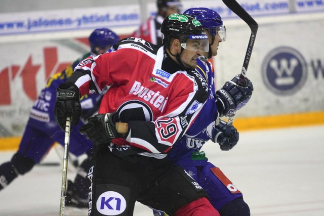 Ässät player Patrik Forsbacka, a player known for fighting and physical play, in a matchup between Ässät and Lukko.