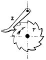 English: A pawl and a ratchet, as pictured in Otto's Encyclopedia (Ottův slovník naučný, 1908). Čeština: Západka a rohatka, vyobrazení v Ottově slovníku naučném (1908).