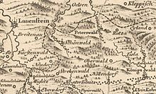 Výřez staré mapy s kopečkovou metodou a značeným Schönwaldem