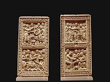 The Psalter's original ivory covers, now separated from the codex and on display in the Louvre. Plaques reliure psautier Dagulf Louvre MR 370-371.jpg