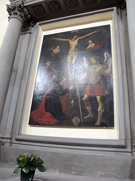 File:Pontedera, chiesa del crocifisso, int., ignoto del xvii secolo, crocifissione coi santi domenico, maddalena e michele 01.JPG