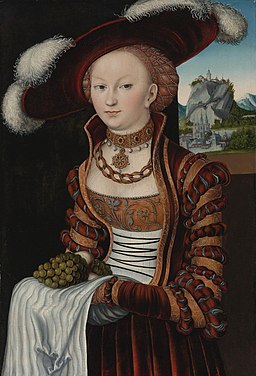 Portrait of a Young Woman Holding Grapes and Apples, 1528, by Lucas Cranach, the Elder
